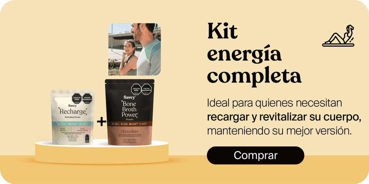 Kit Energía Completa Savvy con Recharge y Bone Broth Power sabor chocolate, ideal para complementar tu nutrición y bienestar diario