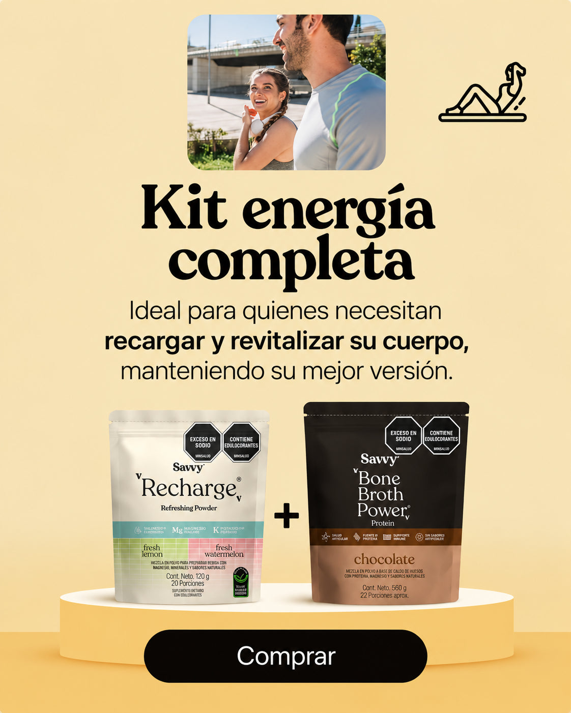 Kit Energía Completa Savvy con Recharge y Bone Broth Power sabor chocolate, ideal para complementar tu nutrición y bienestar diario