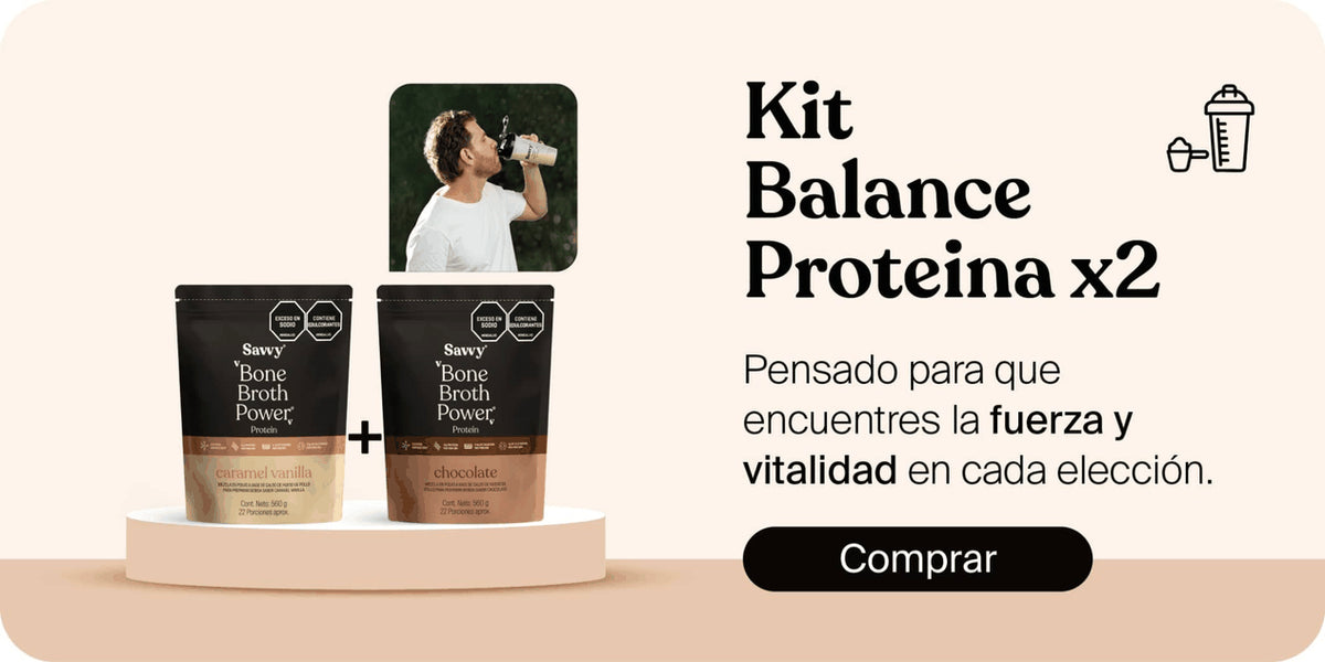 Kit Balance Proteína x2 Savvy con Bone Broth Power sabores chocolate y caramel vanilla, proteína para complementar tu alimentación diaria.